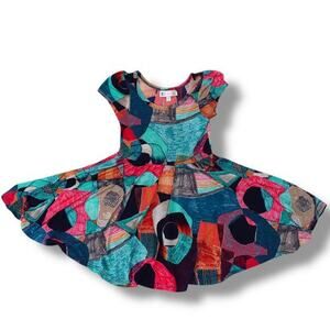 LuLaRoe Girls 2T Dress Adeline Pink Blue Abstract Circle Skirt Playdate Soft